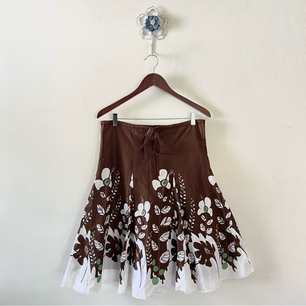 100% Cotton Floral Pleated Fully Lined Midi Flare Drawstring Skirt